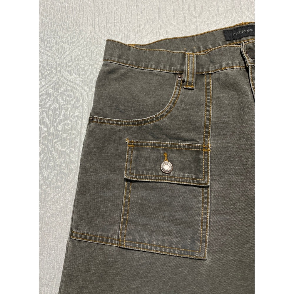 Vintage Express Cargo Pants 34x30 Faded Olive Green Wide Leg Utility Y2K Grunge - Picture 2 of 8